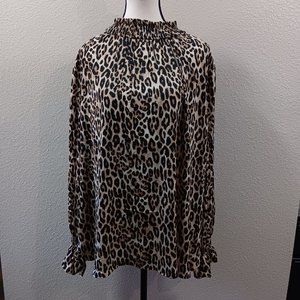 NWOT H&M Long Gathered Belle Sleeve Leopard Print High Neck Blouse  Size XL